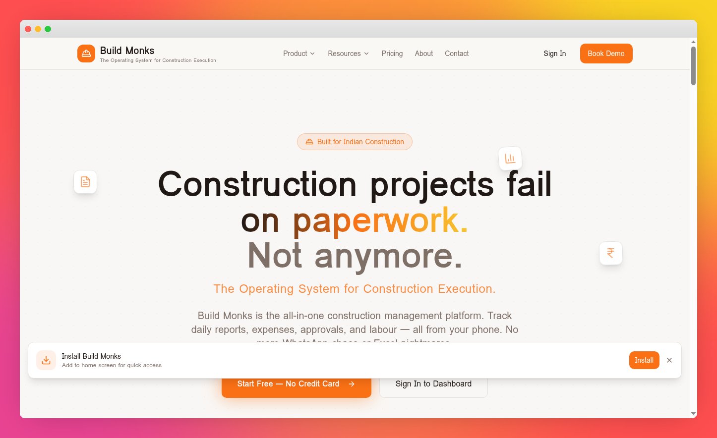 BuildMonks construction management dashboard showing daily site reports, labour attendance, and project progress